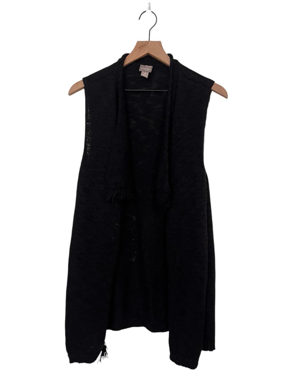 Chicos Womens Black Knit Sleeveless Open Cardigan Fringe Size Large Size 2